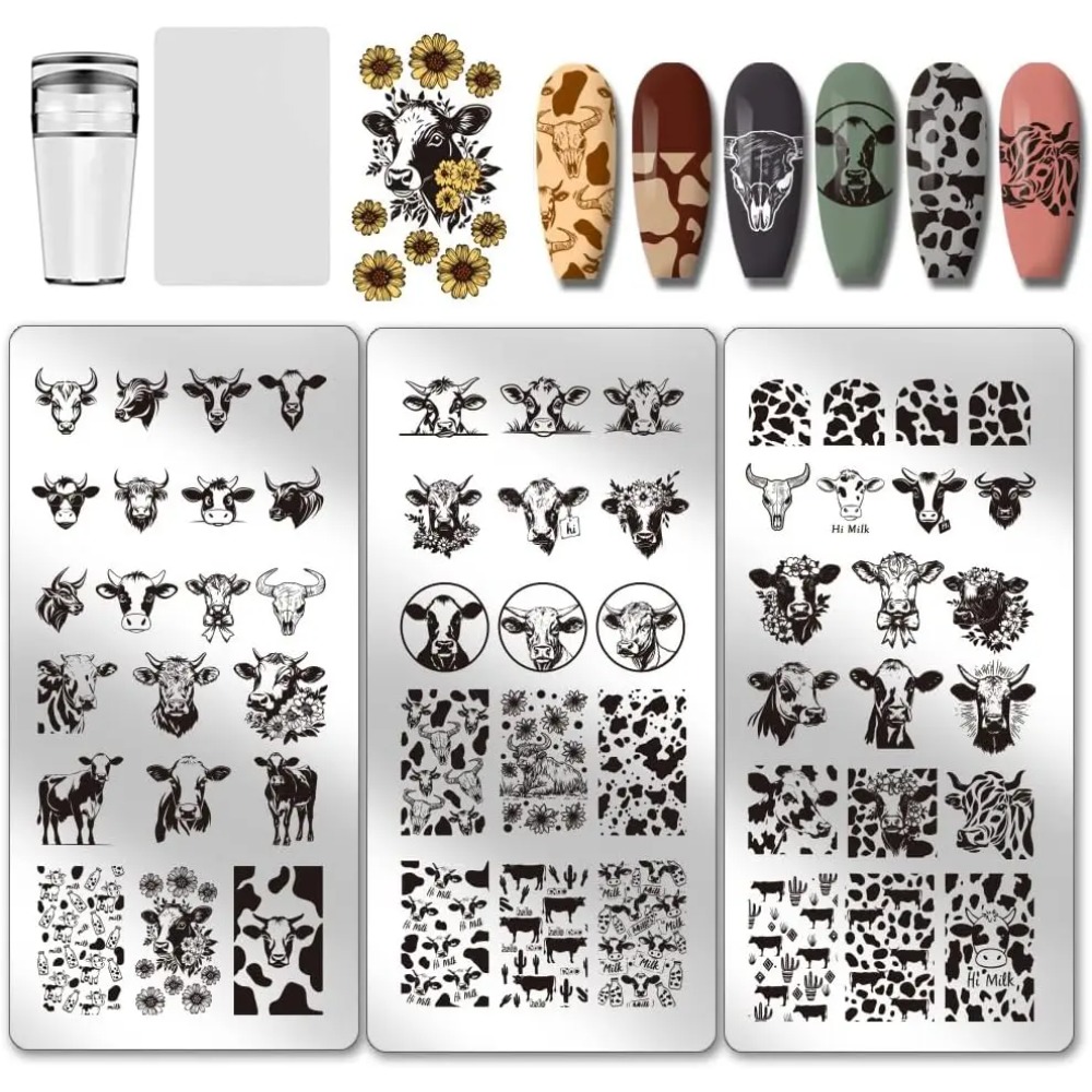 Nail Art Inspo - 3pcs Cow-Theme Nail Stamping Plates 56