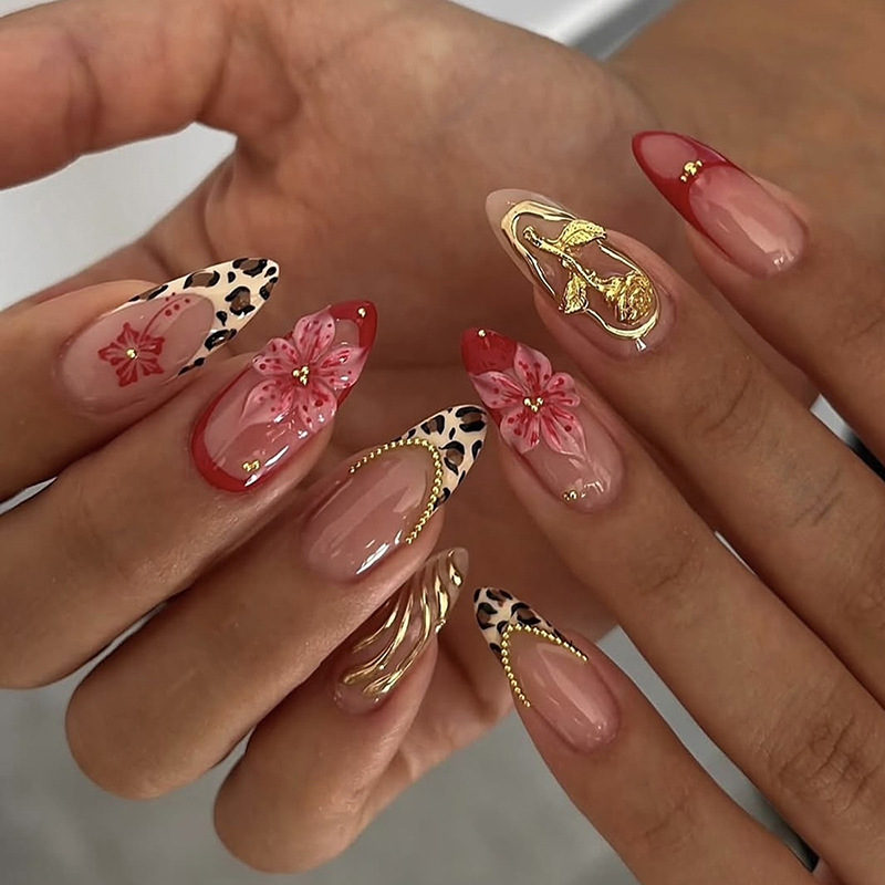 Nail Art Leopard - 24Pcs Leopard Print French Almond Fake