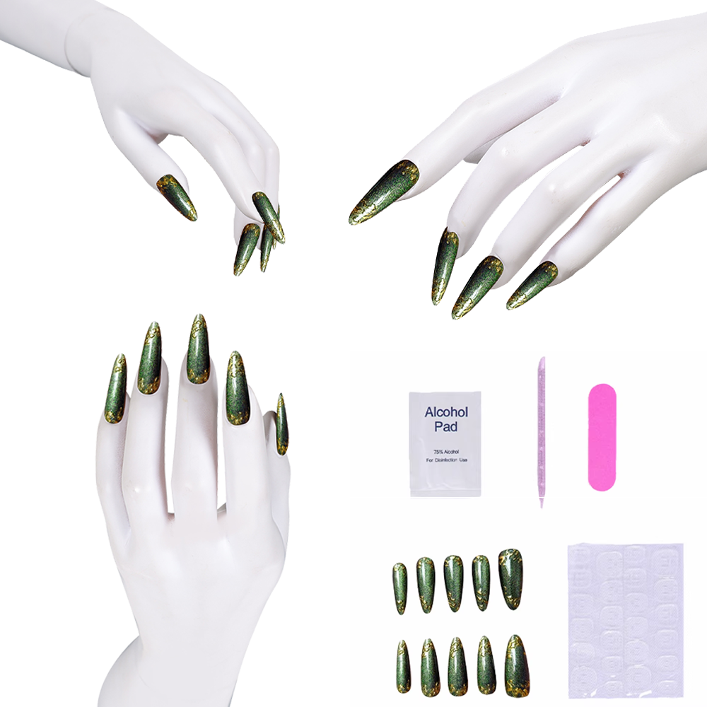 Nail Art Glitter - Green Press-on Nails with glittering Gold