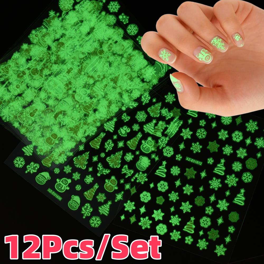 Nail Art Xmas Stickers - 12Pcs/Set 3D Luminous Christmas Snowflakes Nail