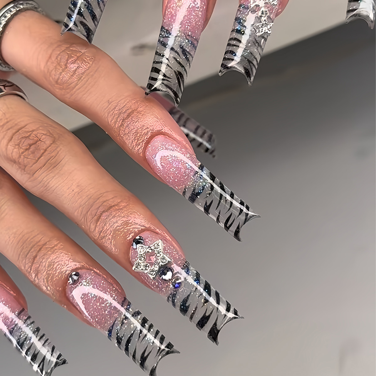 Nail Art Glitter - 24Pcs Long Coffin Pentagram Rhinestone False