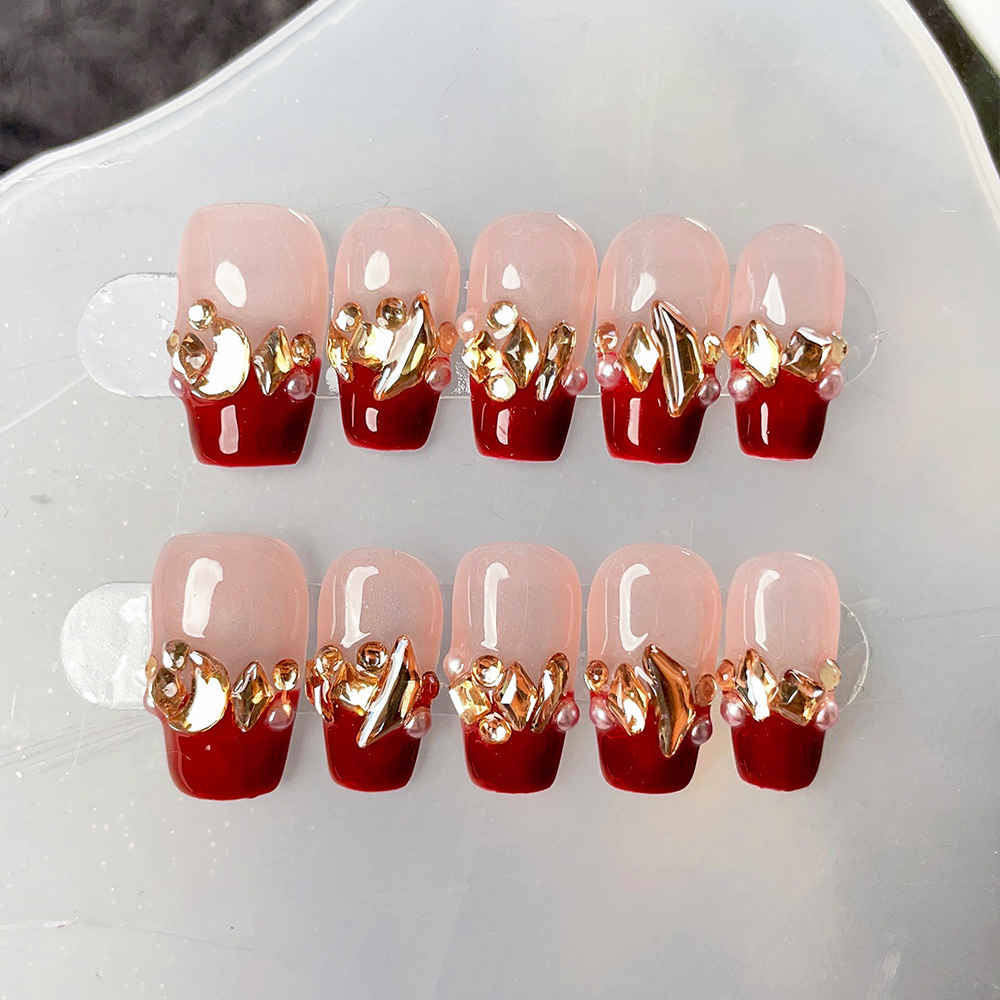 Nail Art Red - 10pcs Short Trapezoid Handmade Press On