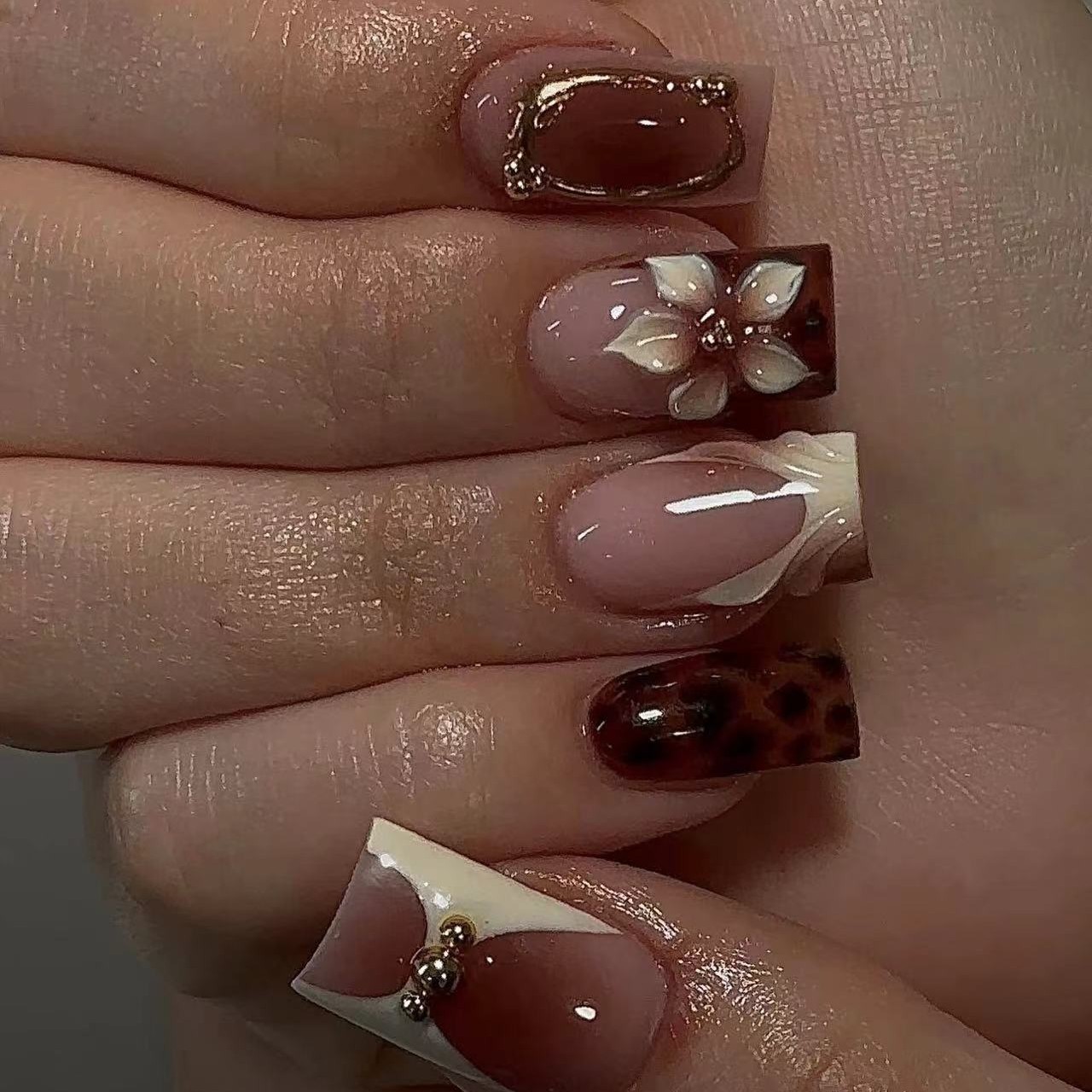 Short square fake nails for wo - đánh giá và giá Nail Art Leopard